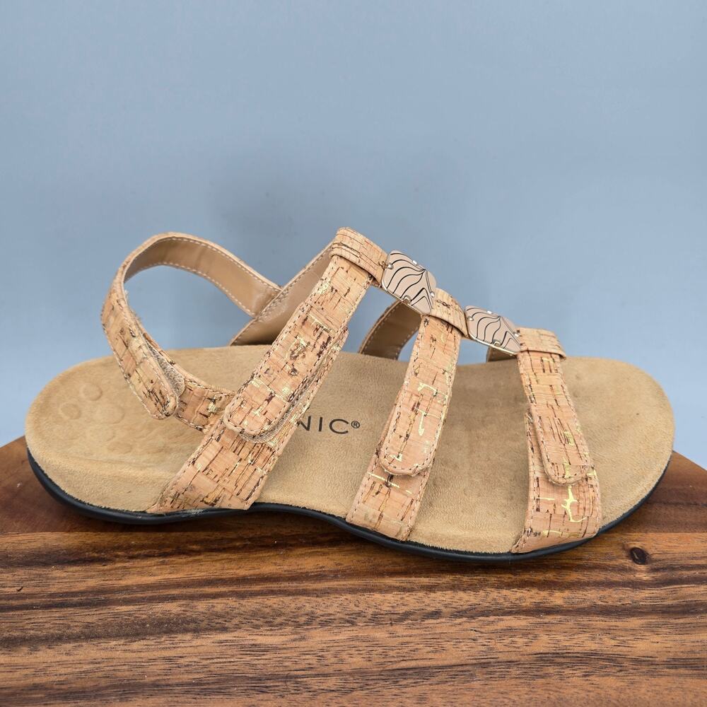 Vionic Amber Sandals Womens 8 Wide Gold Cork Orthotic Adjustable T Strap Comfort - Picture 1 of 7